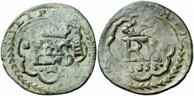 1658. Felipe IV. (Madrid). (Cal. pág. 370) (J.S. K-65, mismo ejemplar). 5,09 g. Resello de valor IIII sobre 8 maravedís de Segovia (1602-1626), que oc...