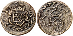 (1658-1659). Felipe IV. Segovia. (Cal. pág. 370) (J.S. tipo K23). 2,42 g. Resello de valor II sobre 4 maravedís de Segovia (1602-1626), que ocupa toda...