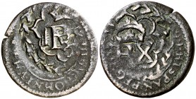 (1658). Felipe IV. Segovia. (Cal. pág. 370) (J.S. K-98a). 2,56 g. Resello de valor II sobre 4 maravedís de Segovia (15)99, que ocupa toda la moneda. R...