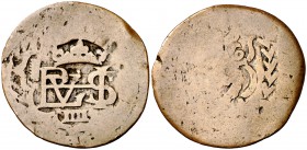1658. Felipe IV. Segovia. (Cal. pág. 370) (J.S. K-88). 3,81 g. Resello de valor IIII sobre 4 maravedís de Segovia, que ocupa toda la moneda. Escasa. M...