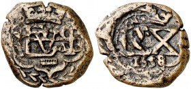 1658. Felipe IV. Segovia. (Cal. pág. 370) (J.S. tipo K22). 5,47 g. Resello de valor IIII sobre 4 maravedís de martillo, que ocupa toda la moneda. Acue...