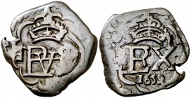 1659. Felipe IV. Segovia. (Cal. pág. 370) (J.S. K-96). 5,79 g. Resello de valor IIII sobre 2 maravedís de martillo, que ocupa toda la moneda. Escasa. ...