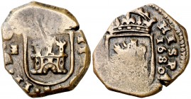 1680. Carlos II. Segovia. 2 maravedís. (Cal. 917) (J.S. N-80). 5,68 g. Acueducto vertical de dos arcos a izquierda. Acuñación floja. Escasa. (MBC).
