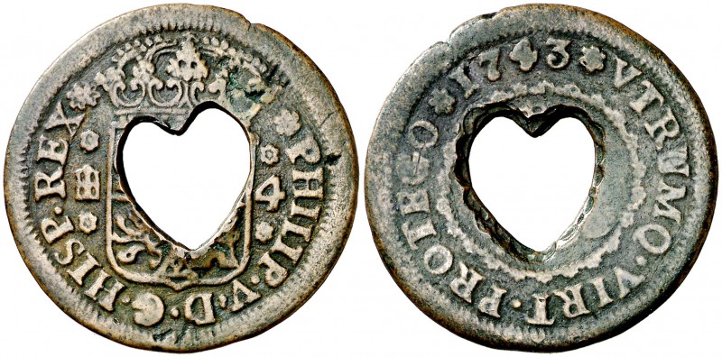 1743. Felipe V. Segovia. 4 maravedís. (Cal. 1994 var). 4,96 g. Resello en forma ...