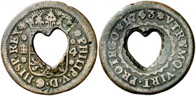 1743. Felipe V. Segovia. 4 maravedís. (Cal. 1994 var). 4,96 g. Resello en forma de corazón. Rara. (MBC).