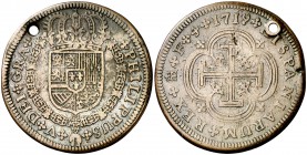 1719. Felipe V. Segovia. F. 8,46 g. Prueba en bronce de un 4 escudos. Perforación. Muy rara. (MBC-).