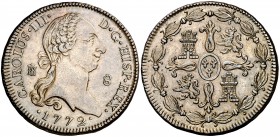1772. Carlos III. Segovia. 8 maravedís. (Cal. 1882). 11,85 g. Bella. Ex Áureo 17/04/2002, nº 647. Ex Colección O' Callaghan. Rara así. EBC.