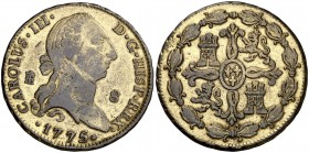 1775. Carlos III. Segovia. 8 maravedís. (Cal. 1885). 11,41 g. Sobredorada. MBC.