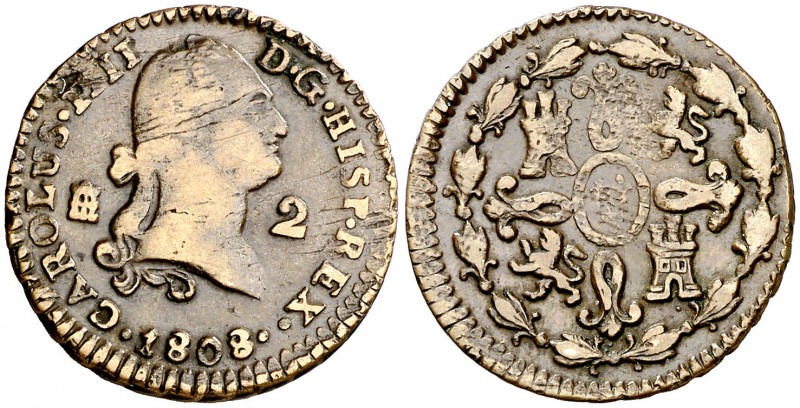 1808. Carlos IV. Segovia. 2 maravedís. (Cal. 1539). 2,72 g. MBC-.