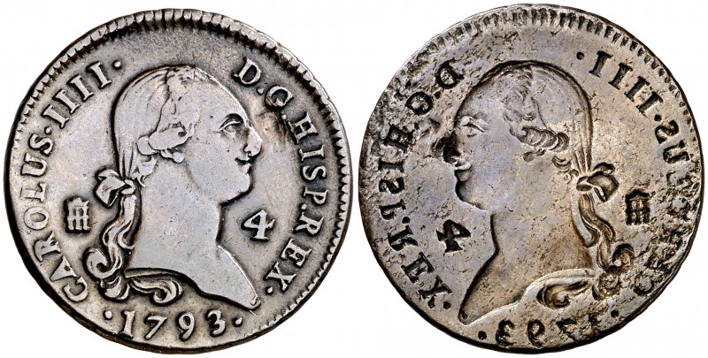1793. Carlos IV. Segovia. 4 maravedís. 5,40 g. Anverso incuso en reverso. Rara. ...