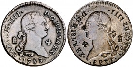 1793. Carlos IV. Segovia. 4 maravedís. 5,40 g. Anverso incuso en reverso. Rara. MBC+.