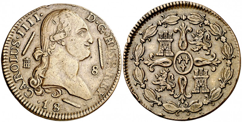 18 (sic). Carlos IV. Segovia. 8 maravedís. 11,53 g. Prueba. Golpecitos. Muy rara...