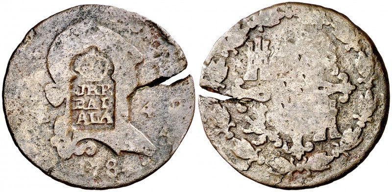 1784. Carlos IV. Segovia. 4 maravedís. 4,45 g. Resello: "José de Ayala" bajo cor...