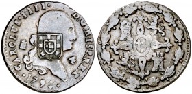 1796. Carlos IV. Segovia. 4 maravedís. 4,95 g. Resello: escudo de Portugal (De Mey 406) para circular por Brasil. Rara. MBC.