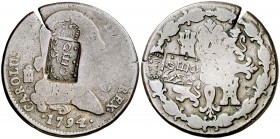 1794/2. Carlos IV. Segovia. 8 maravedís. 11,20 g. Resello: "Romero" bajo corona, en anverso y reverso. BC.