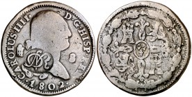 1802. Carlos IV. Segovia. 8 maravedís. 11 g. Resello México, Osorno (De Mey 898). BC+.