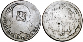 1802. Carlos IV. Segovia. 8 maravedís. 10,74 g. Resello: león. BC.