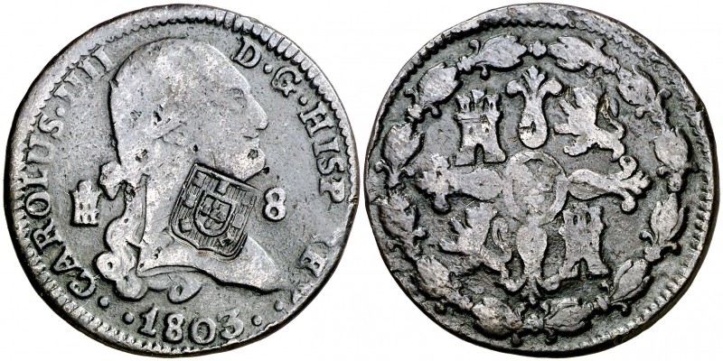 1803. Carlos IV. Segovia. 8 maravedís. 10,90 g. Resello: escudo de Portugal (De ...