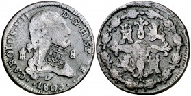 1803. Carlos IV. Segovia. 8 maravedís. 10,90 g. Resello: escudo de Portugal (De Mey 406) para circular por Brasil. Rara. MBC-.