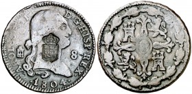 1804. Carlos IV. Segovia. 8 maravedís. 11,31 g. Resello: escudo de Portugal (De Mey 1040). Rara. MBC.