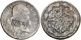 180(¿4?). Carlos IV. Segovia. 8 maravedís. 10,68 g. Resello: LCM. México. "La Comandancia militar" (De Mey 921). BC.