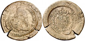 Carlos IV. 10,06 g. Prueba de cuños de anverso y reverso de los 2 escudos de Madrid 1801 FA, aplicados repetidamente sobre un ejemplar de 8 maravedís,...