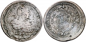 Carlos IV. 5,18 g. Prueba de cuños de anverso y reverso de los 2 escudos de Madrid 1805 MF, aplicados sobre un 4 maravedís de Segovia. Rara. (BC).