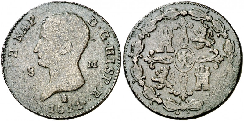 1811. José Napoleón. Segovia. 8 maravedís. (Cal. 101 var). 11,17 g. Fecha 1811. ...