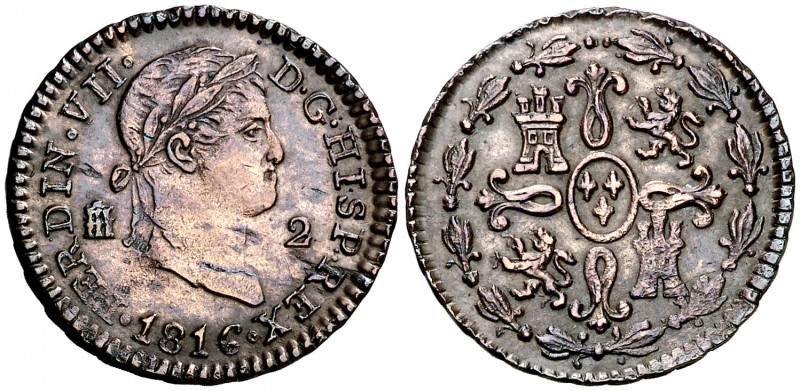 1816. Fernando VII. Segovia. 2 maravedís. (Cal. 1718). 2,23 g. Leves impurezas. ...