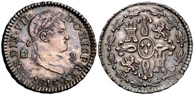 1816. Fernando VII. Segovia. 2 maravedís. (Cal. 1718). 2,23 g. Leves impurezas. Rara. MBC+.