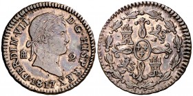 1817. Fernando VII. Segovia. 2 maravedís. (Cal. 1719). 2,17 g. Golpecitos y rayitas. Bonito color. Escasa. MBC+.