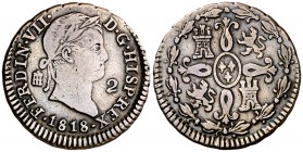 1818. Fernando VII. Segovia. 2 maravedís. (Cal. 1720). 2,48 g. MBC.