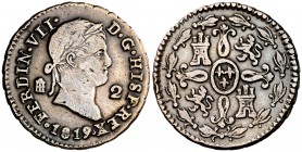 1819. Fernando VII. Segovia. 2 maravedís. (Cal. 1721). 3,08 g. Rayitas. MBC-/MBC.
