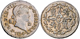 1824/19. Fernando VII. Segovia. 2 maravedís. (Cal. 1723 var). 2,18 g. Fecha pequeña. Rara rectificación. MBC-.