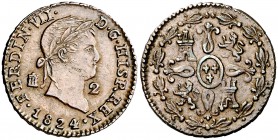 1824. Fernando VII. Segovia. 2 maravedís. (Cal. 1723). 2,67 g. Fecha grande. Buen ejemplar. MBC+.