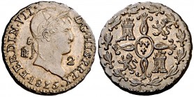 1825/15. Fernando VII. Segovia. 2 maravedís. (Cal. 1724 var). 3,14 g. Cospel más grueso. Bella. EBC.