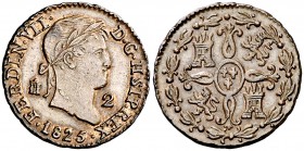 1825. Fernando VII. Segovia. 2 maravedís. (Cal. 1725). 2,62 g. HSIP en lugar de HISP. Bella. Brillo original. Posiblemente el mejor ejemplar conocido ...