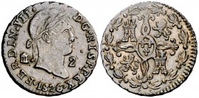 1826. Fernando VII. Segovia. 2 maravedís. (Cal. 1726). 2,30 g. Rayitas. MBC/MBC+.