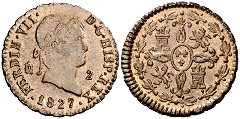 1827. Fernando VII. Segovia. 2 maravedís. (Cal. 1727). 2,29 g. Bella. Brillo ori...