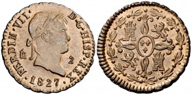 1827. Fernando VII. Segovia. 2 maravedís. (Cal. 1727). 2,29 g. Bella. Brillo original. Escasa así. S/C-.
