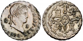 1828/7. Fernando VII. Segovia. 2 maravedís. (Cal. 1728 var). 2,56 g. Acuñación desplazada. Escasa así. EBC.