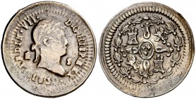 1830. Fernando VII. Segovia. 2 maravedís. 3,17 g. Prueba de troqueles. Ex HSA 10894. Rara. BC+/MBC.