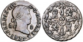 1832. Fernando VII. Segovia. 2 maravedís. (Cal. 1734). 2,37 g. FERDINIIV. Rara. MBC.