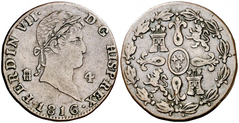 1816. Fernando VII. Segovia. 4 maravedís. (Cal. 1702). 5,12 g. MBC-.