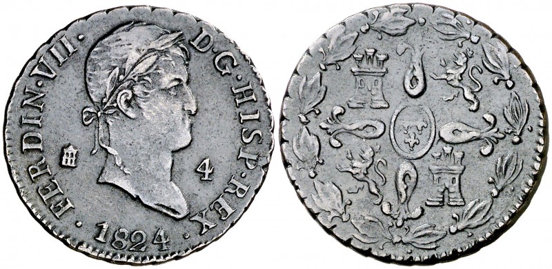 1824. Fernando VII. Segovia. 4 maravedís. (Cal. 1707). 5,44 g. Escasa. MBC.