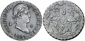 1824. Fernando VII. Segovia. 4 maravedís. (Cal. 1707). 5,44 g. Escasa. MBC.