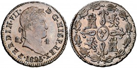 1825. Fernando VII. Segovia. 4 maravedís. (Cal. 1708). 5,33 g. Rayitas. Atractiva. Escasa así. EBC.