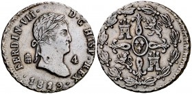 1829. Fernando VII. Segovia. 4 maravedís. (Cal. 1712). 5,54 g. Golpecitos. Buen ejemplar. MBC+/EBC-.
