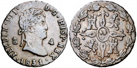 1831. Fernando VII. Segovia. 4 maravedís. (Cal. 1715). 5,52 g. Escasa. MBC-.