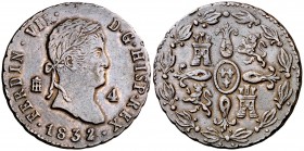 1832. Fernando VII. Segovia. 4 maravedís. (Cal. 1716). 5,22 g. Buen ejemplar. MBC+.